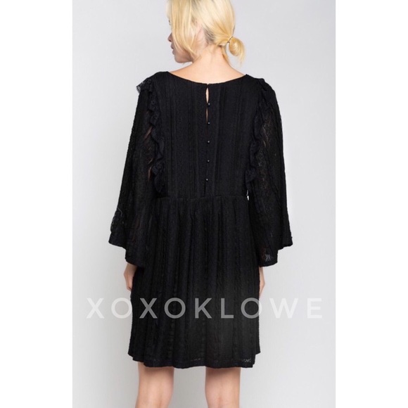 POL Black Stretch Lace Mini Dress Long Sleeves Ruffle Detail - Picture 6 of 10